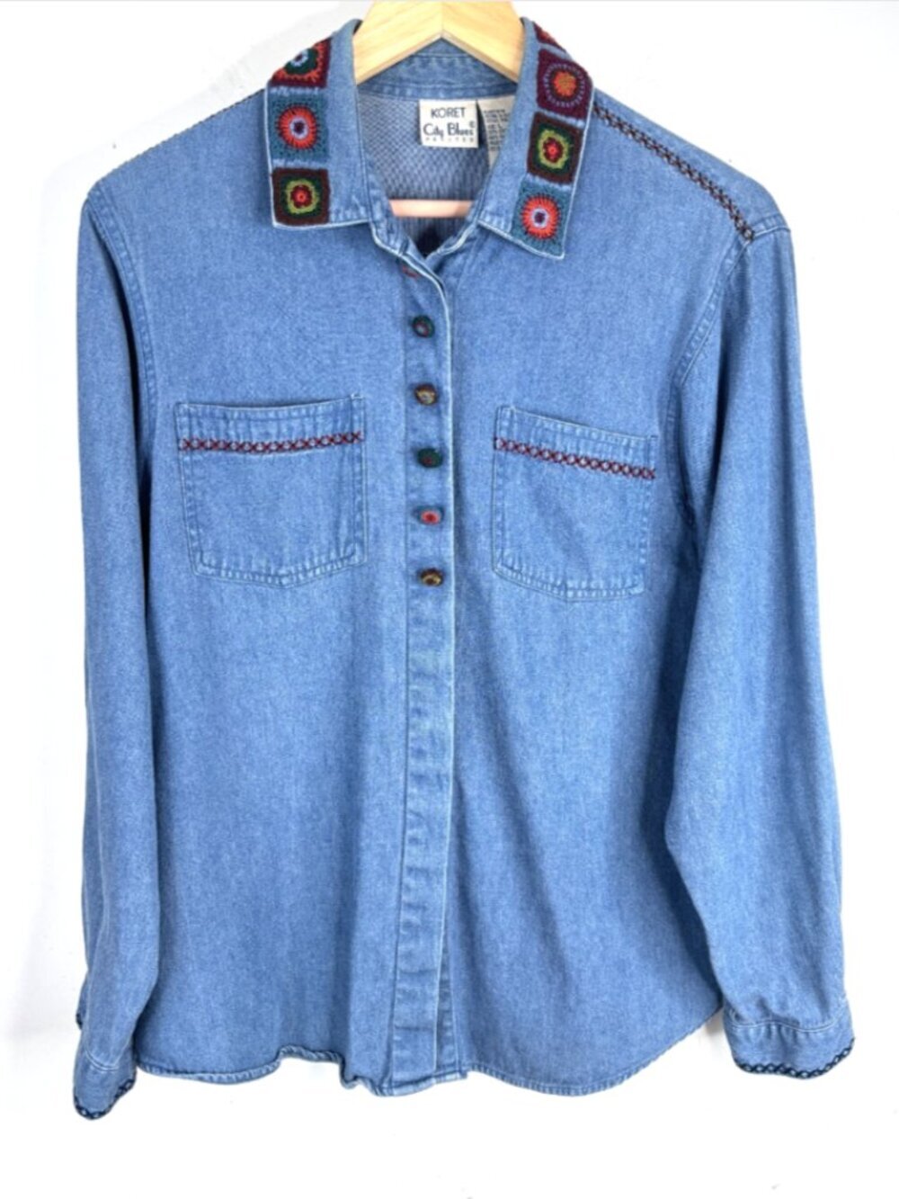 VTG 90s Embroidered Denim Button Down Shirt L Granny Square Crochet Boho Western